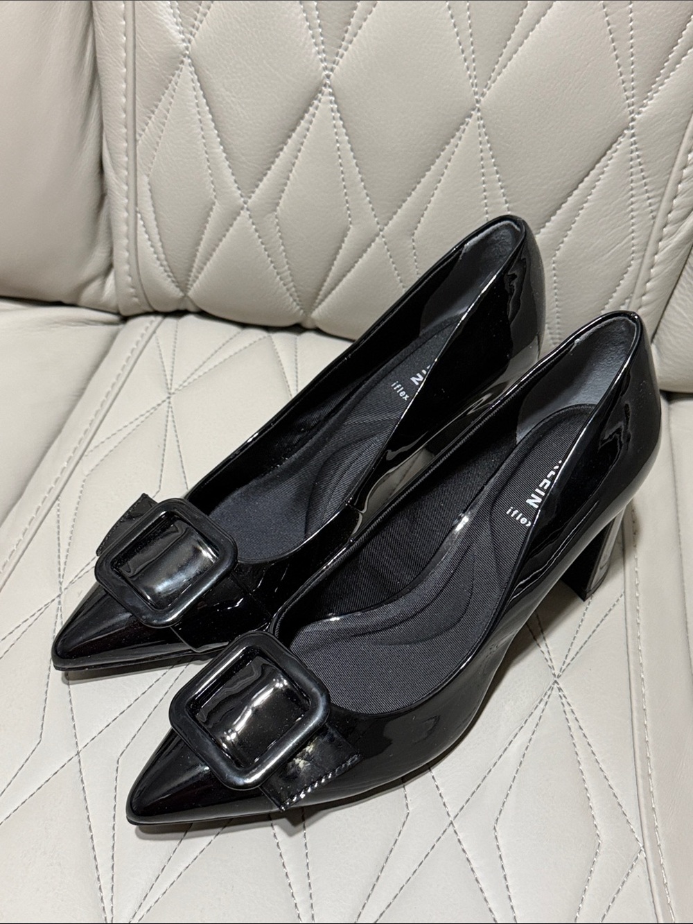 Anne Klein Black Patent Block Heel Pumps with Decorative Buckle - Picture 5 of 10